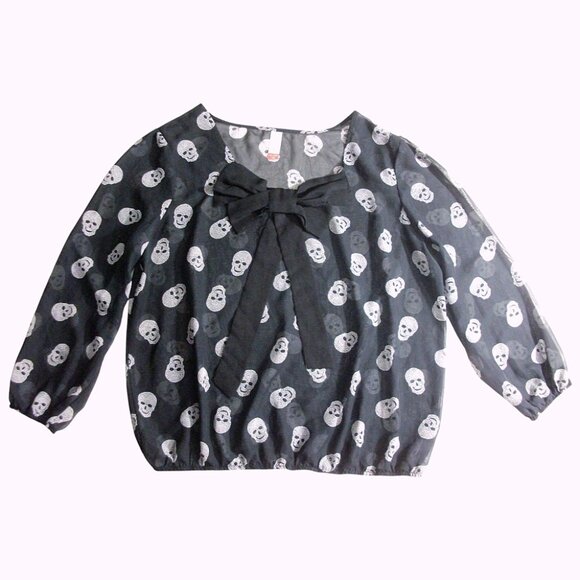 No Boundaries Black Sheer SKULL BLOUSE w Bow Long Sleeves Size XXL 2XL Juniors - Picture 1 of 3